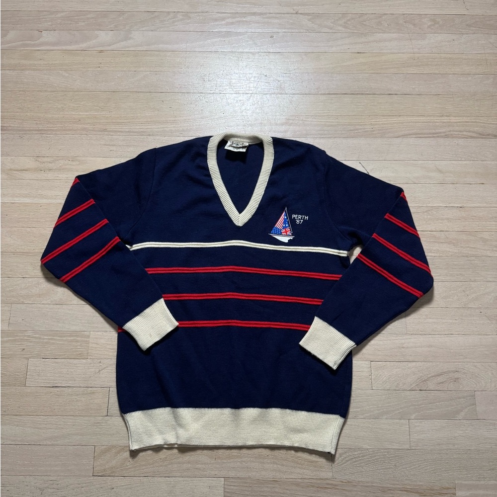 Vintage 1987 Navy and Red Striped Men's Perth Sweater